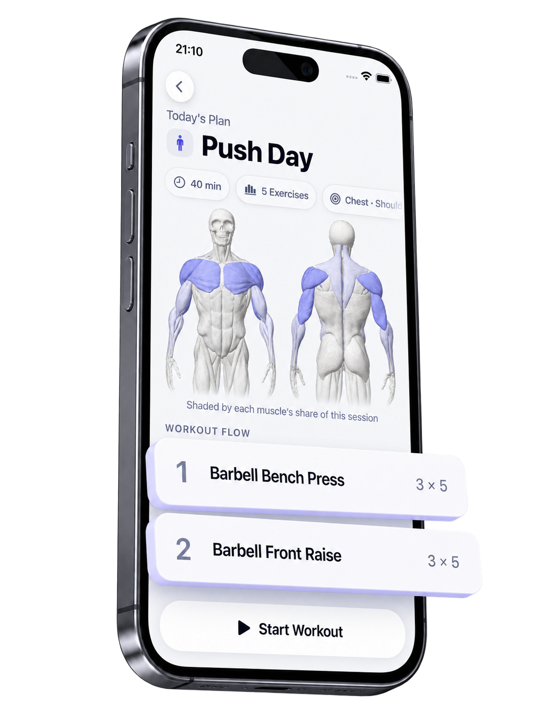 Illustrated Push Day workout plan with raised exercise rows and its muscle map.