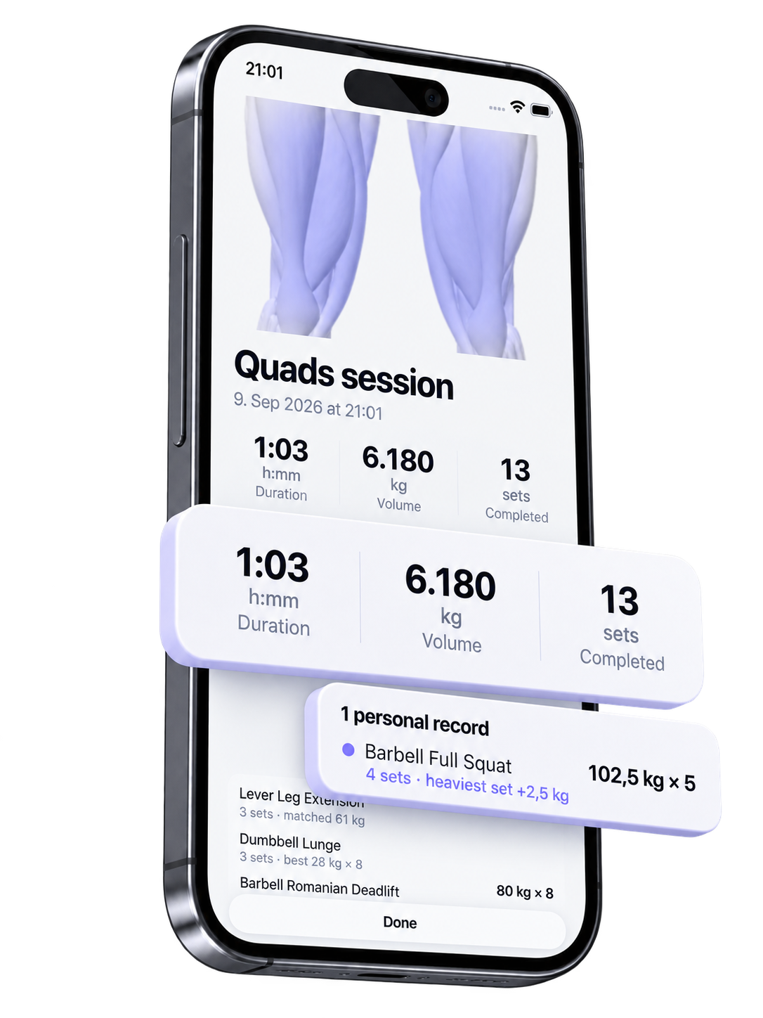 Illustrated completed Quads session with 13 sets, 6,180 kilograms of volume and a personal record card lifting from the screen.