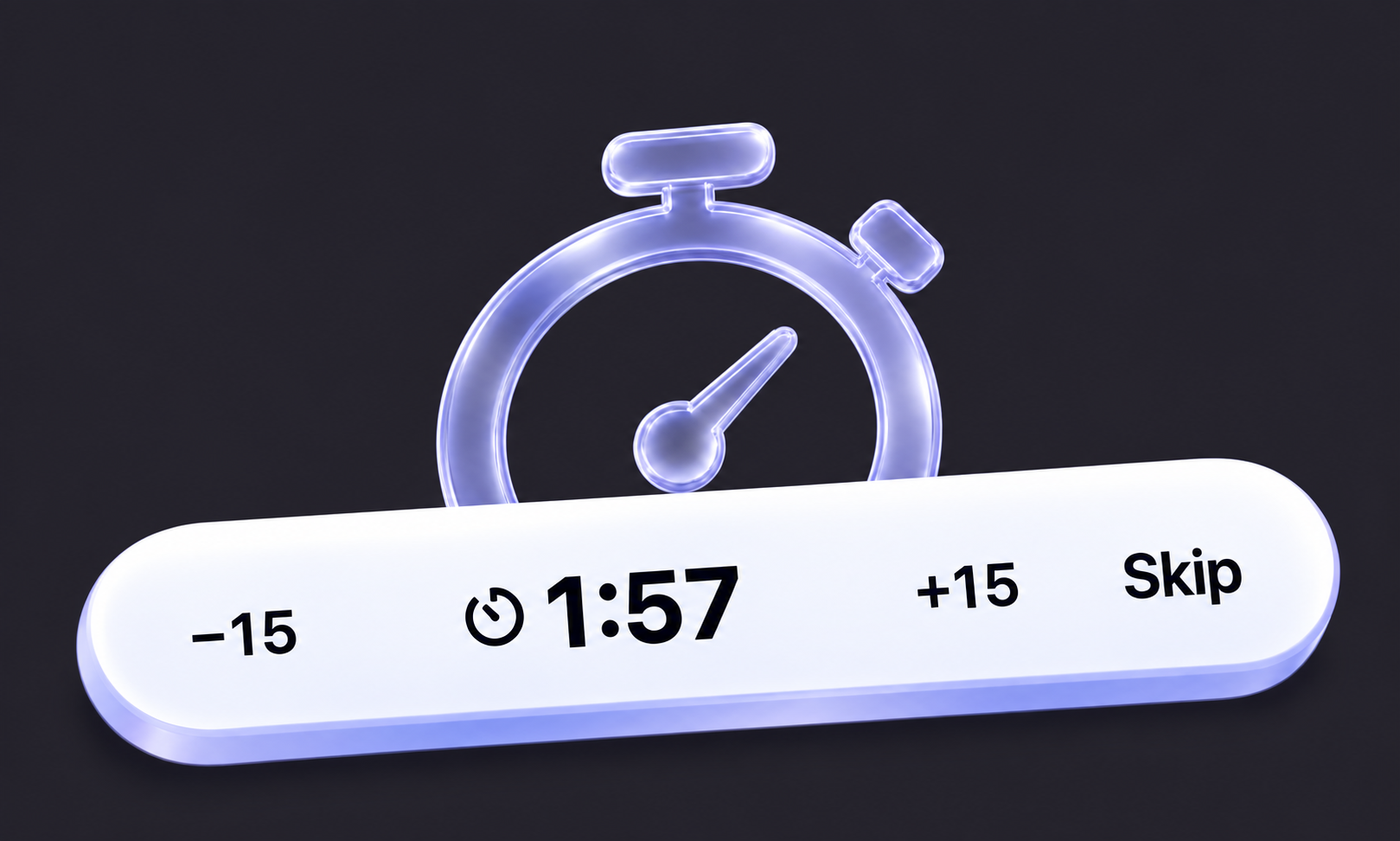 Generated illustration of the logger’s raised rest control bar: minus 15 seconds, timer at 1:57, plus 15 seconds, and Skip.